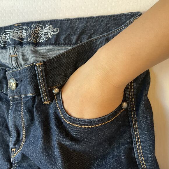 Express Jeans Women Jeans 8 Dark Blue Denim Stella Flare 33" Inseam Low Rise - Picture 9 of 11